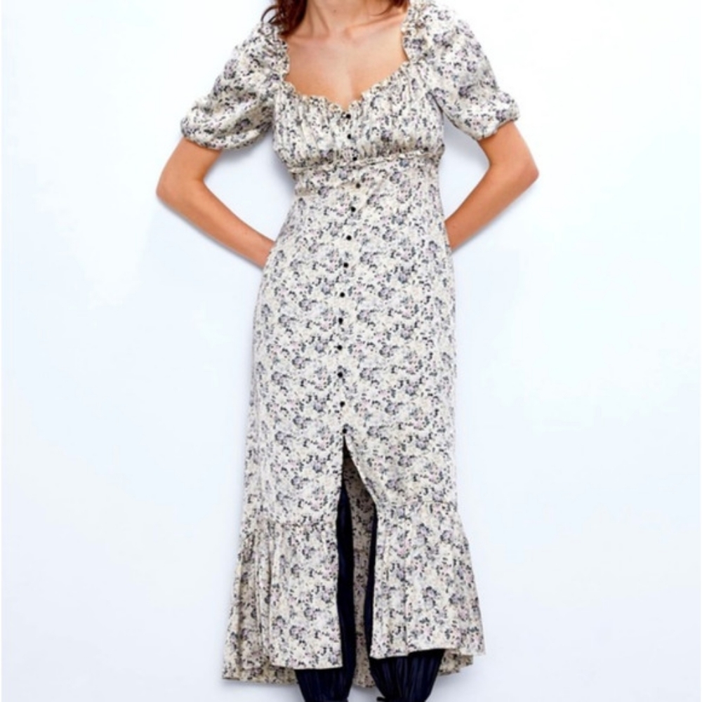 ZARA NWT MIDI FLORAL PRINTED SATIN DRESS PUFF SLEEVES 2654/208